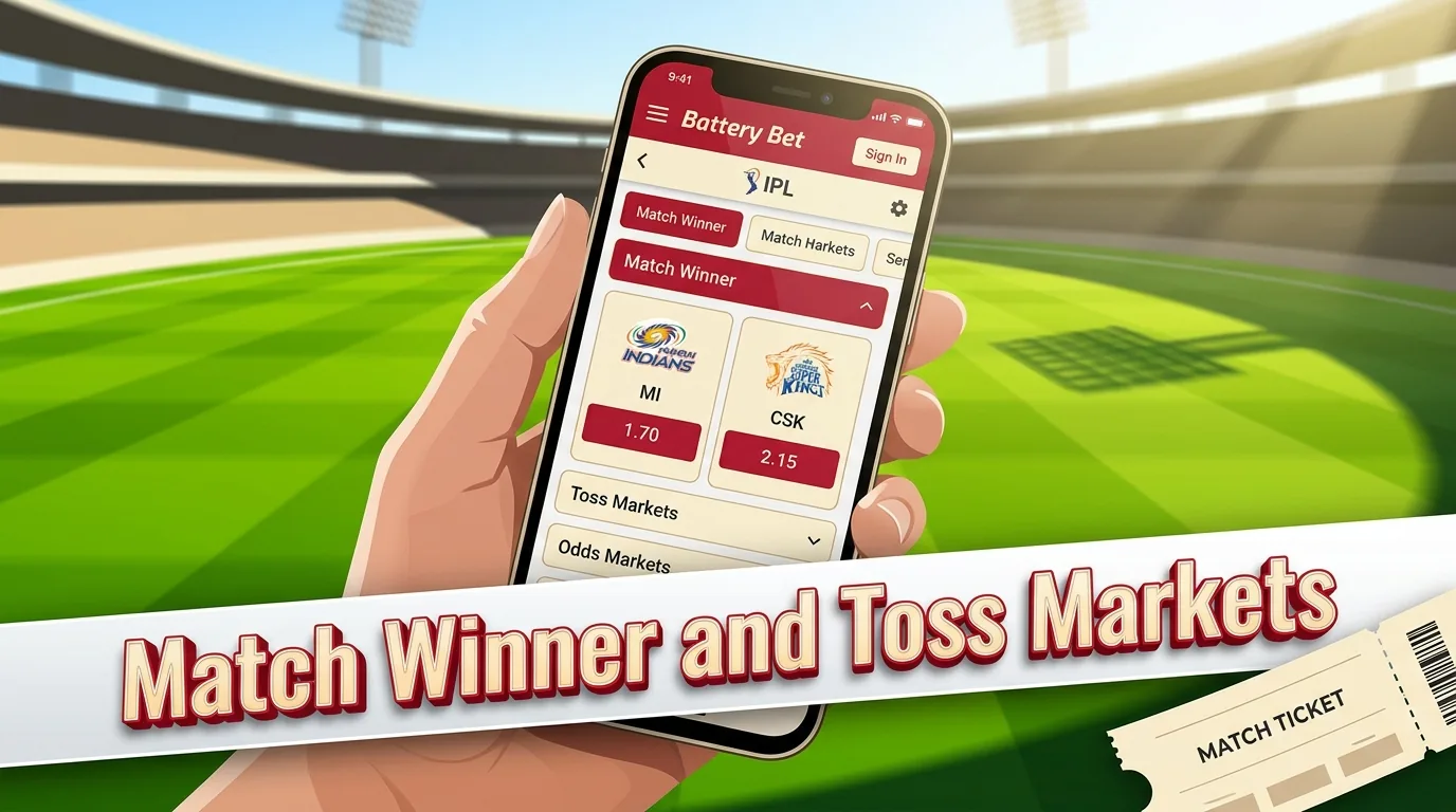 Smartphone screen showing cricket match winner and toss markets at a sunny stadium.