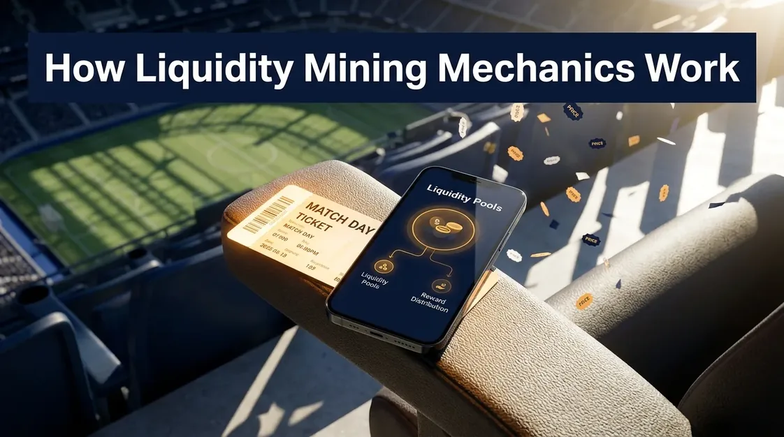 Smartphone and ticket on armrest, illustrating liquidity mining mechanics with graphic overlays.